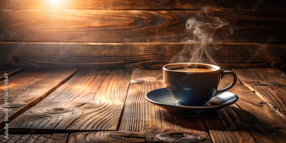 Warm Aromatic Coffee in Rustic Setting on Wooden Table Warm Aromatic Coffee in Rustic Setting on Wooden Table