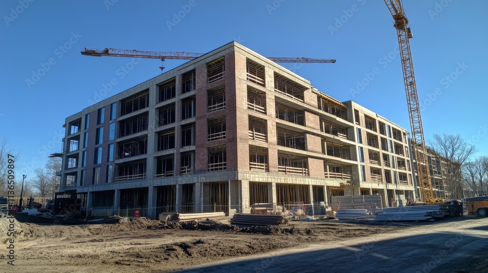 Construction site with a large crane and an unfinished building Construction site with a large crane and an unfinished building