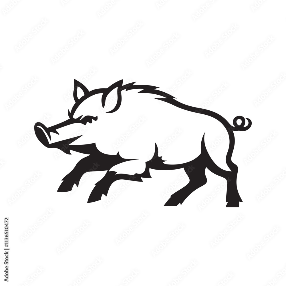Fototapeta premium Wild boar running silhouette vector art black color design and solid white background
