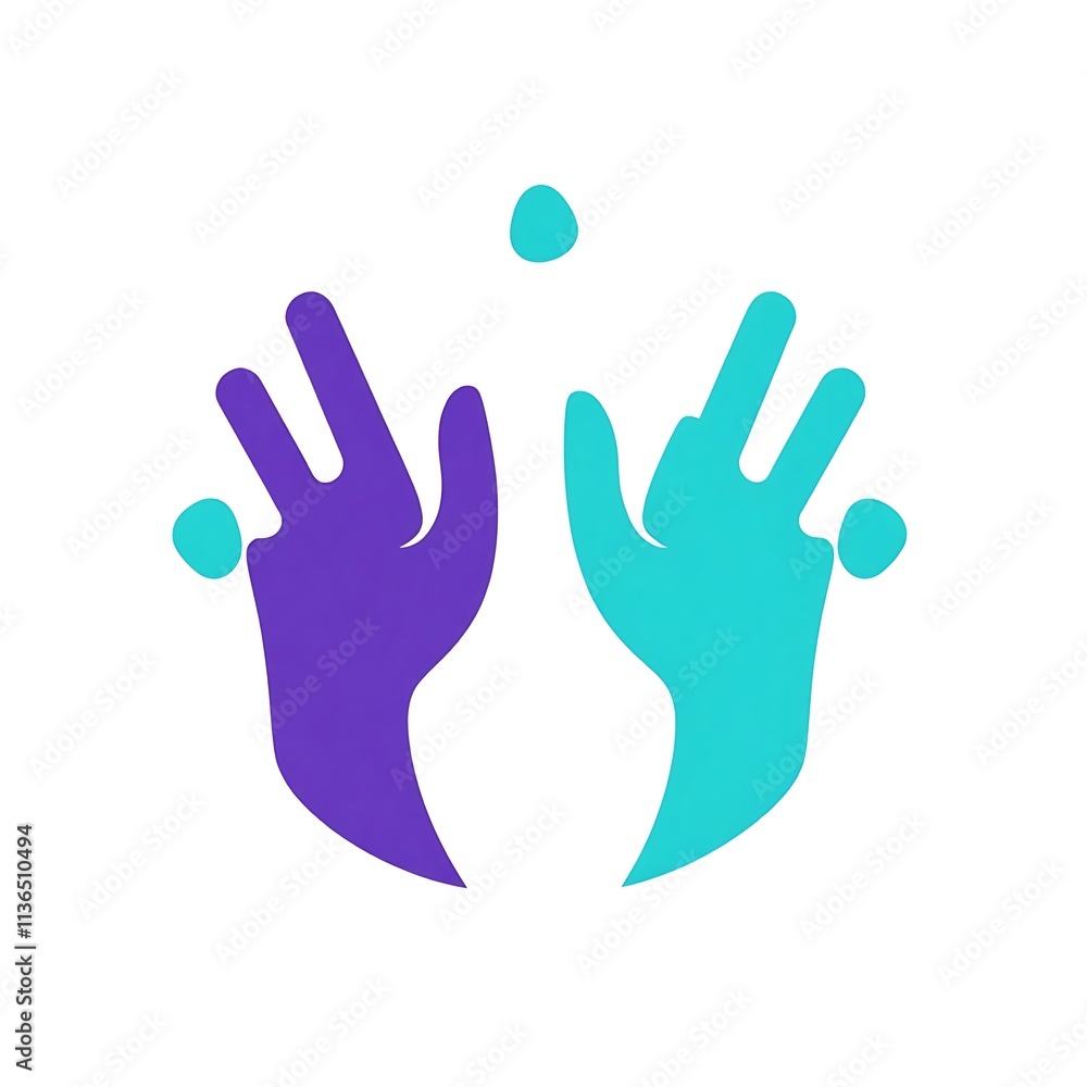 Obraz premium Hands Reaching Up: Two hands, one purple and one teal, reach upwards in a symbolic gesture of hope, unity, and collaboration. The hands are intertwined.