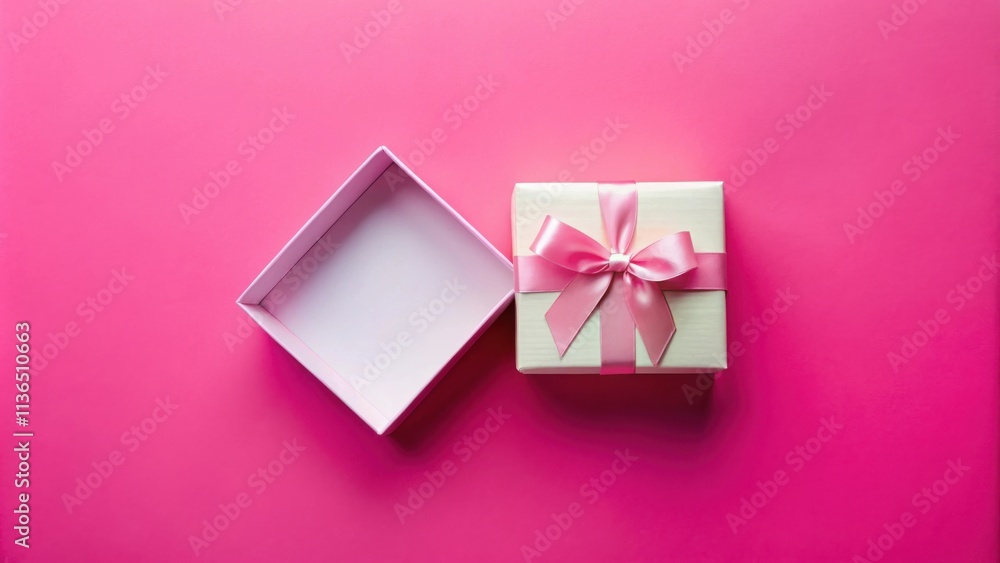 An open and closed gift box with a pink ribbon bow on a pink background An open and closed gift box with a pink ribbon bow on a pink background