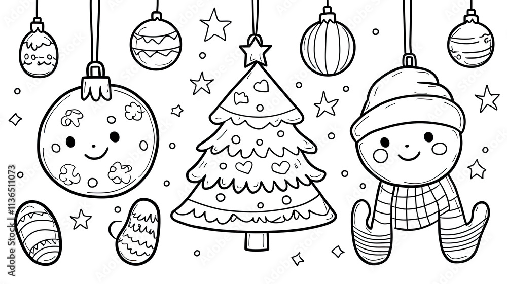 Naklejka premium Cute Christmas ornaments, tree, and snowman coloring page.