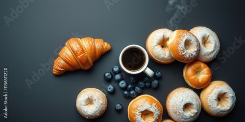 A delightful breakfast scene featuring a flaky croissant, assorted sweet pastries, a cup of coffee, and fresh blueberries.