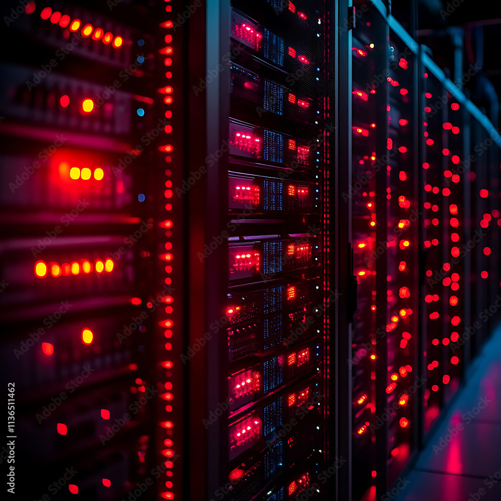 Data Center with Red Lights and Servers Data Center with Red Lights and Servers