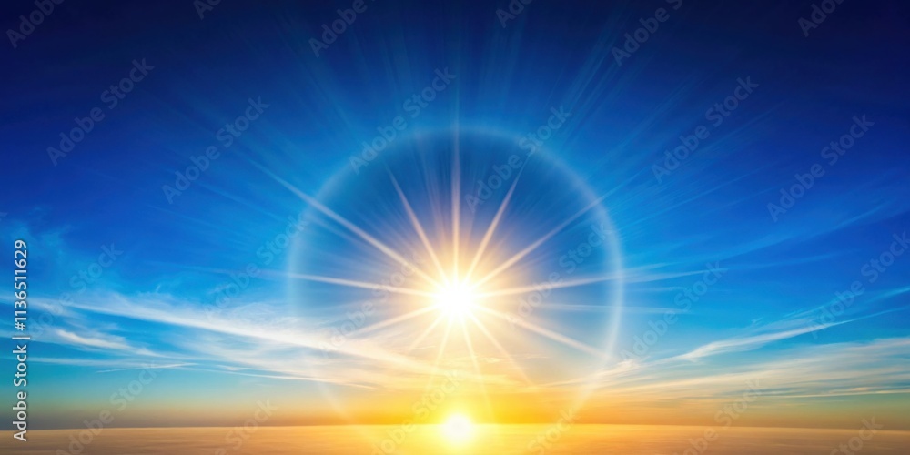 Obraz premium A radiant sunrise with bright sun rays and a halo effect in a vivid blue sky
