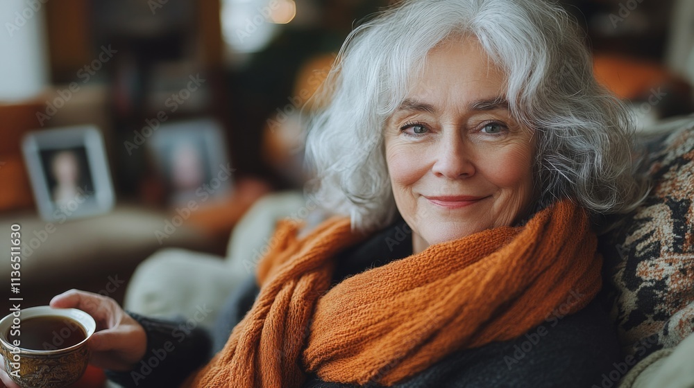 An elderly woman lounges in a cozy setting, sipping tea with a serene expression, embodying calmness and contentment in a warm, homey atmosphere. An elderly woman lounges in a cozy setting, sipping tea with a serene expression, embodying calmness and contentment in a warm, homey atmosphere.
