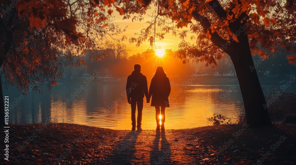 Silhouettes of a couple walking through a forest at sunrise Silhouettes of a couple walking through a forest at sunrise