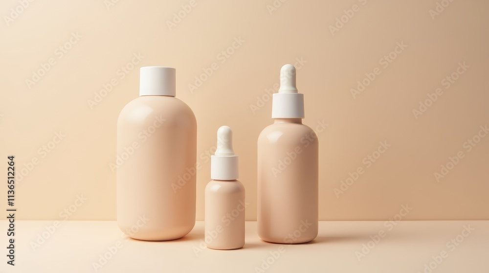 Minimalist cosmetic bottles on neutral background for beauty and skincare branding Mocha Mousse Color Minimalist cosmetic bottles on neutral background for beauty and skincare branding Mocha Mousse Color