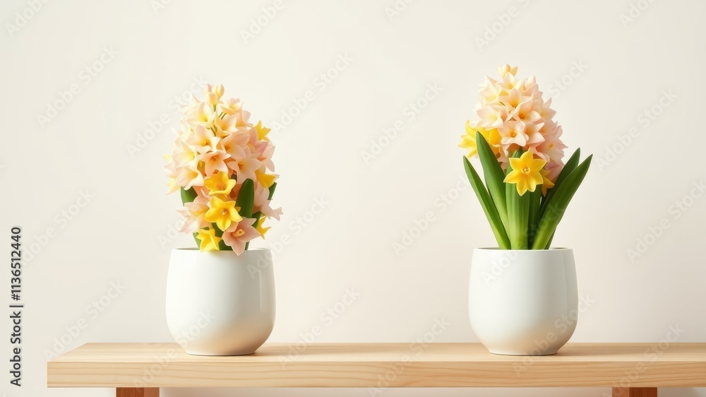 custom made wallpaper toronto digitalTwo potted hyacinths with pale pink and yellow flowers sit on a light wood shelf against a white background.