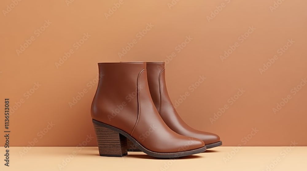 Stylish brown ankle boots against gradient background for fashion design and advertising Mocha Mousse Color background Stylish brown ankle boots against gradient background for fashion design and advertising Mocha Mousse Color background
