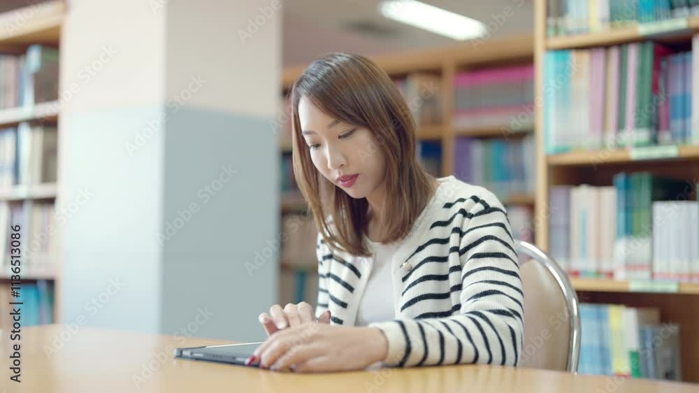 A woman is sitting at a table in a library, using a tablet. She is focused on her device, possibly reading or working. The library setting suggests a quiet and studious atmosphere