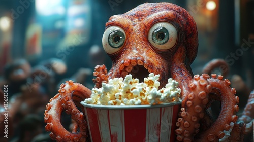 Octopus holding popcorn in whimsical background photo