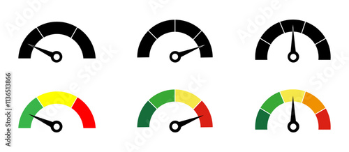 Speedometer icons set. Speed indicators. Speed dial indicator. Green, red, yellow and black. low and high barometers. Infographic of risk, gauge, score progress. Speed, Power. Gauge meter.