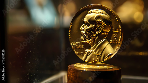 Nobel Peace Prize Medal: Close-up of the Nobel Peace Prize medal, a symbol of global peace and human rights.