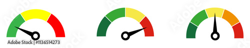 Speedometer icons set. Speed indicators. Speed dial indicator in green, yellow and red color. low and high barometers. Infographic of risk, gauge, score progress. Speed, Power. Gauge meter.