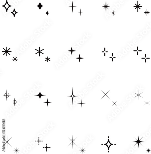 キラキラした飾りのアイコンのセット　星　イラスト　装飾　背景　輝き　素材
