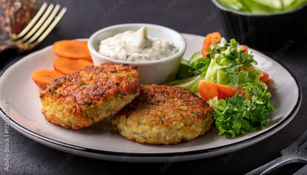 Generated image Norwegian fish cakes (fiskekaker) served with a side of remoulade and fresh vegetables Generated image Norwegian fish cakes (fiskekaker) served with a side of remoulade and fresh vegetables