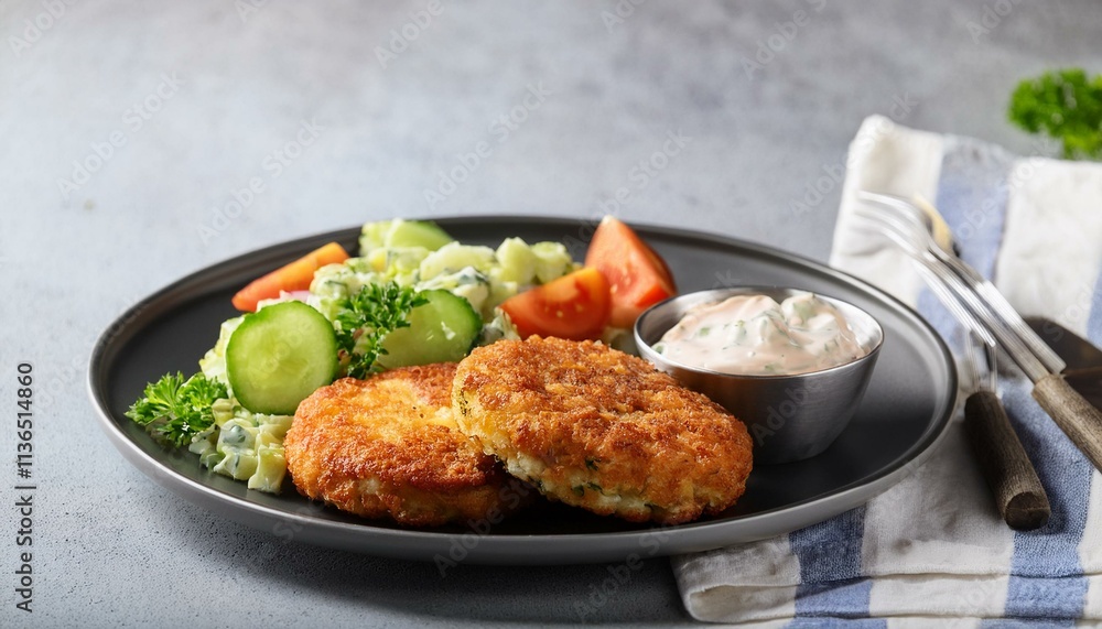 Generated image  Norwegian fish cakes (fiskekaker) served with a side of remoulade and fresh vegetables