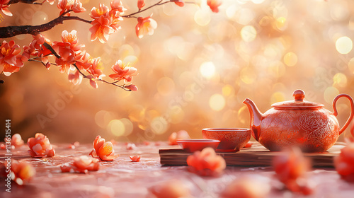 Spring Festival decor with blooming cherry, tea set. Festive back for Lunar New Year or Golden Week photo