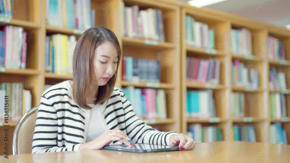 A woman is sitting at a table in a library, using a tablet. Concept of quiet and focus, as the woman is likely studying or working on a project. The library setting suggests a place for learning A woman is sitting at a table in a library, using a tablet. Concept of quiet and focus, as the woman is likely studying or working on a project. The library setting suggests a place for learning