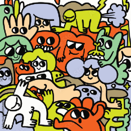 Colorful abstract characters in playful, vibrant crowd, showcasing various shapes and expressions. lively scene evokes sense of joy and creativity