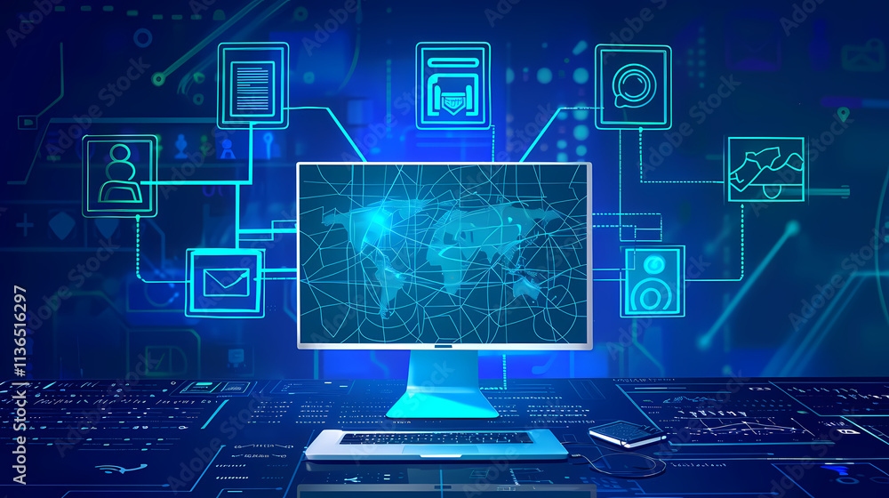 Global Network Connectivity: A futuristic illustration of a computer monitor displaying a world map interconnected with various digital icons, symbolizing global networking and digital connectivity. Global Network Connectivity: A futuristic illustration of a computer monitor displaying a world map interconnected with various digital icons, symbolizing global networking and digital connectivity.