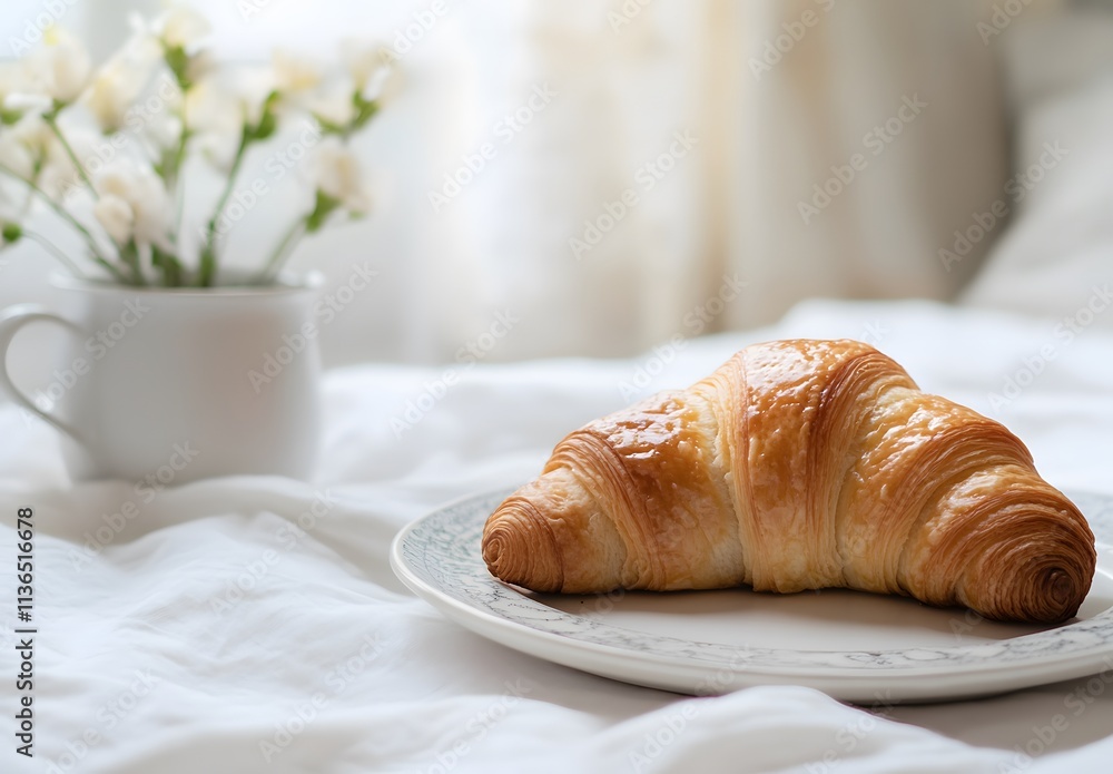 Flaky croissant on elegant plate with soft white flowers in background Flaky croissant on elegant plate with soft white flowers in background
