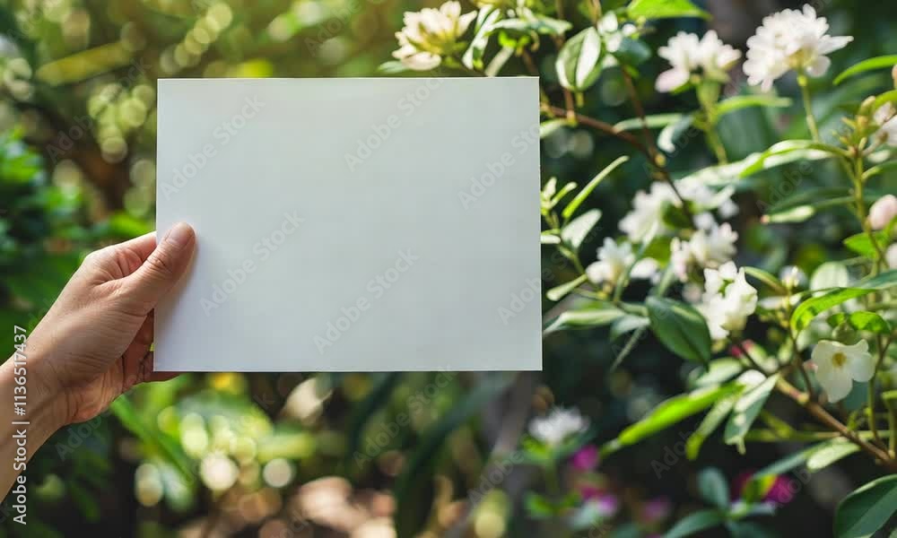 Blank Paper Mockup in a Garden Setting: Perfect for Your Message Blank Paper Mockup in a Garden Setting: Perfect for Your Message