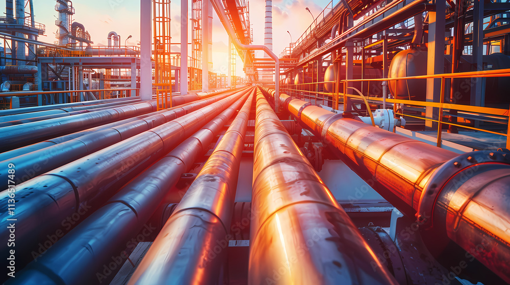 Industrial Sunset: Pipelines and Refinery at Golden Hour Industrial Sunset: Pipelines and Refinery at Golden Hour