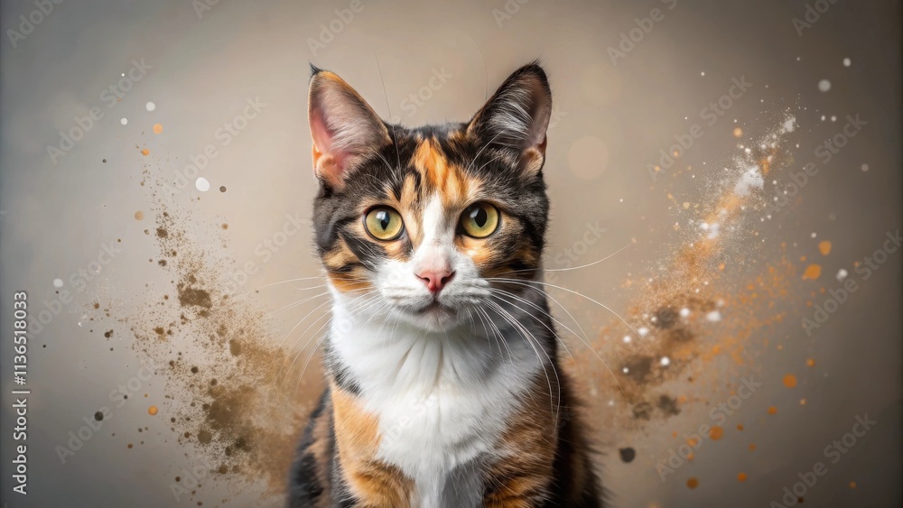 A Calico Cat Posing Amidst a Burst of Brown and Gold Dust Particles A Calico Cat Posing Amidst a Burst of Brown and Gold Dust Particles