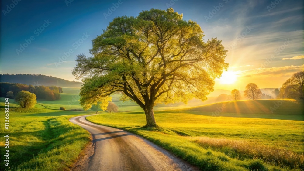 Serene Sunset Landscape A Winding Road Leads to a Majestic Tree Bathed in Golden Light Serene Sunset Landscape A Winding Road Leads to a Majestic Tree Bathed in Golden Light