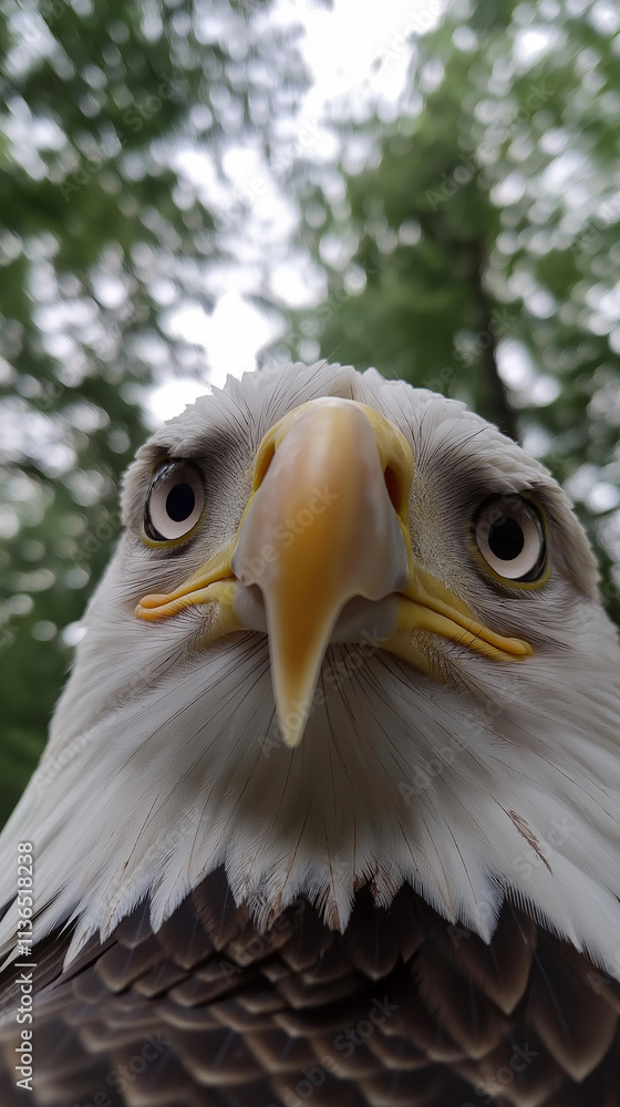 Fototapeta premium Intense close-up of a bald eagle’s eye, reflecting the surrounding landscape, a symbol of sharp vision and determination