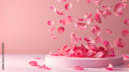 Pink Rose Petals Falling on Pastel Podium 