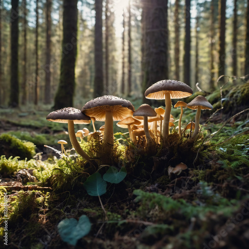 Pilze - Nebel und Pilze schaffen geheimnisvolle Waldstimmung photo