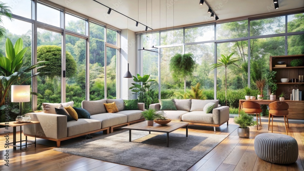 Modern Living Room Design with Abundant Natural Light and Lush Greenery Modern Living Room Design with Abundant Natural Light and Lush Greenery