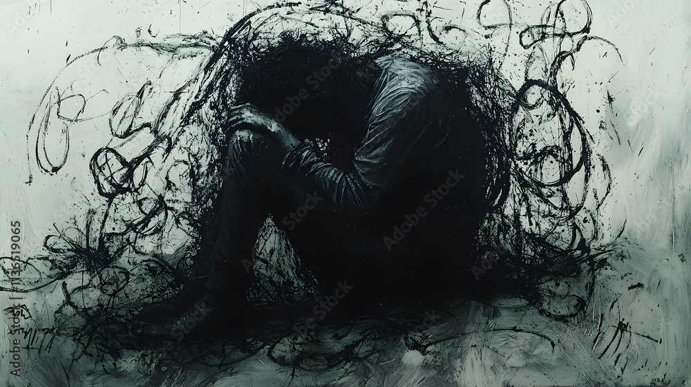 Fototapeta premium A figure curled up on the floor, surrounded by chaotic scribbles and dark shapes, embodying mental distress