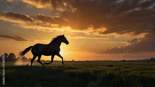 Horse Silhouette at Sunset: A majestic black horse gallops across a field, silhouetted against a fiery sunset. The powerful image captures the essence of freedom, grace, and wild beauty. 