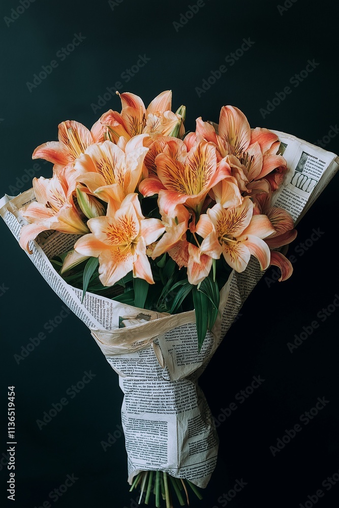 Minimalistic bouquet of lilies wrapped in a newspaper on a dark background. Valentines, women's day, gift concept.