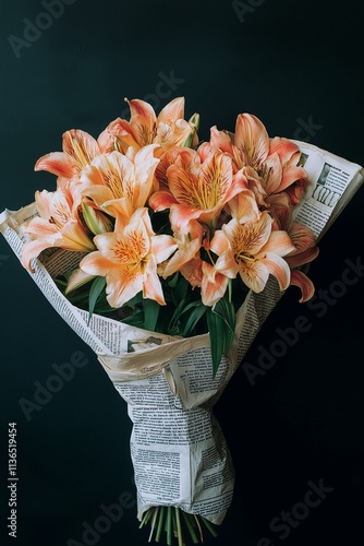 Obraz na płótnie Minimalistic bouquet of lilies wrapped in a newspaper on a dark background. Valentines, women's day, gift concept. w salonie