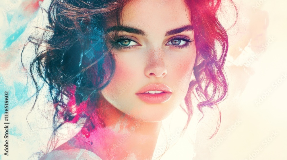 Fototapeta premium beautiful fantasy abstract portrait of a beautiful woman double exposure with a colorful digital paint splash or space nebula