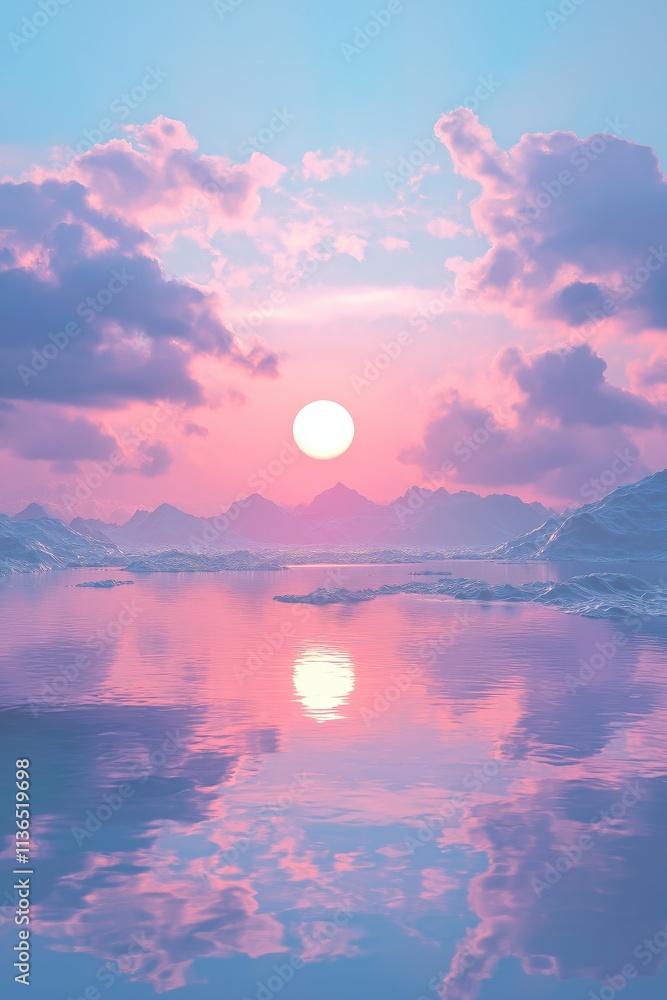 Pink Sunset over Icy Mountains and Serene Water Pink Sunset over Icy Mountains and Serene Water