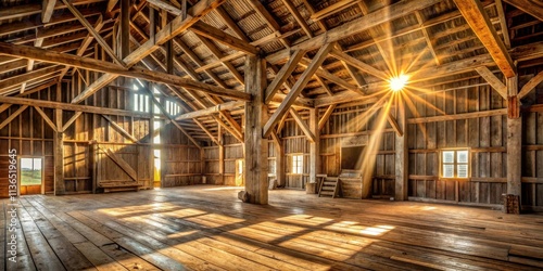 Sunbeams Illuminate Rustic Barn Interior's Aged Wooden Beams and Floor