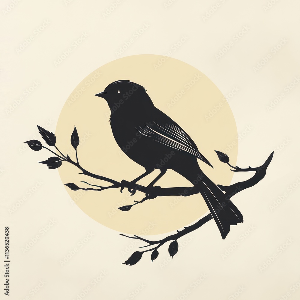 Silhouette of a bird perched on a branch, set against a pale yellow circle.