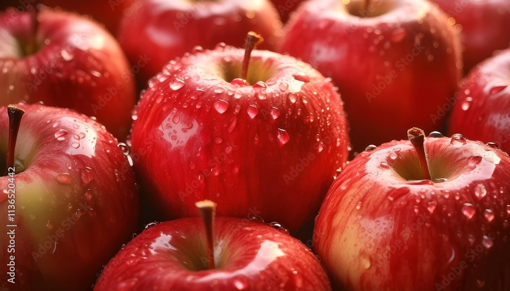 Fresh red apples with water droplets, close-up, hyper-realistic details. Fresh red apples with water droplets, close-up, hyper-realistic details.
