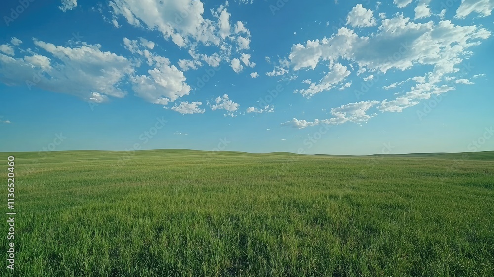 Obraz premium Expansive green grass field under a bright blue sky with scattered clouds 