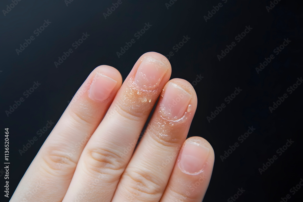 Close-up view of hand with glittery nail polish, revealing glitter residue on fingers during a creative project in daylight. Generative AI Close-up view of hand with glittery nail polish, revealing glitter residue on fingers during a creative project in daylight. Generative AI