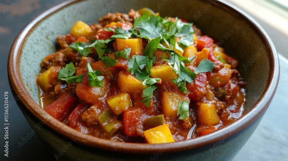 A bowl of vegan chilli made using jack fruit A bowl of vegan chilli made using jack fruit