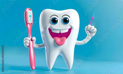 Smiling 3D cartoon Carecter tooth with toothbrush in his hands. White healthy tooth on blue background, Motion Graphic Video  photo