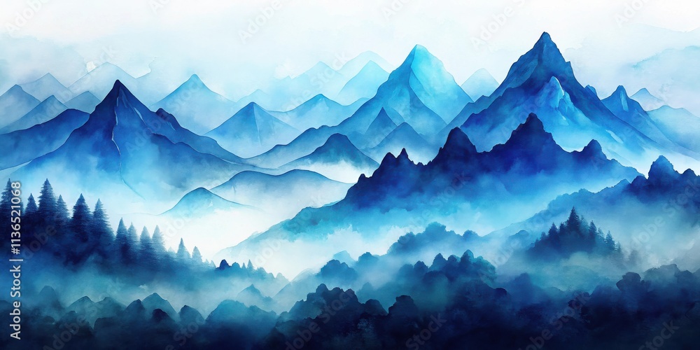 Serene Blue Mountainscape Misty Peaks and Silhouetted Trees in a Watercolor Painting Serene Blue Mountainscape Misty Peaks and Silhouetted Trees in a Watercolor Painting