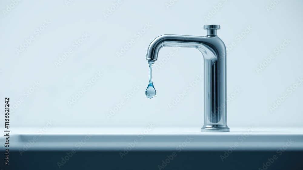 A single drop of water falling from a modern, metallic faucet onto a clean, white sink basin A single drop of water falling from a modern, metallic faucet onto a clean, white sink basin